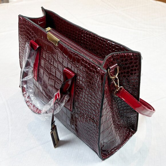 Burgundy and Red Faux Crocodile Embossed patent leather top handle Crossbody Bag - Picture 3 of 16